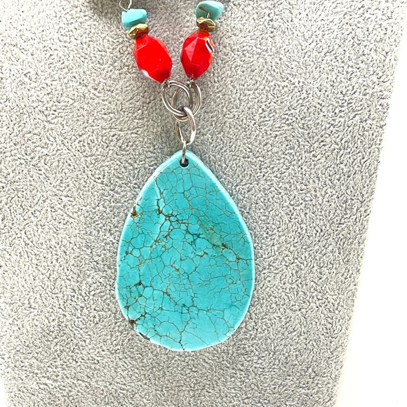 Vintage Carol Dauplaise Turquoise Howlite Red Stone Bohemian Statement Necklace - Picture 8 of 8
